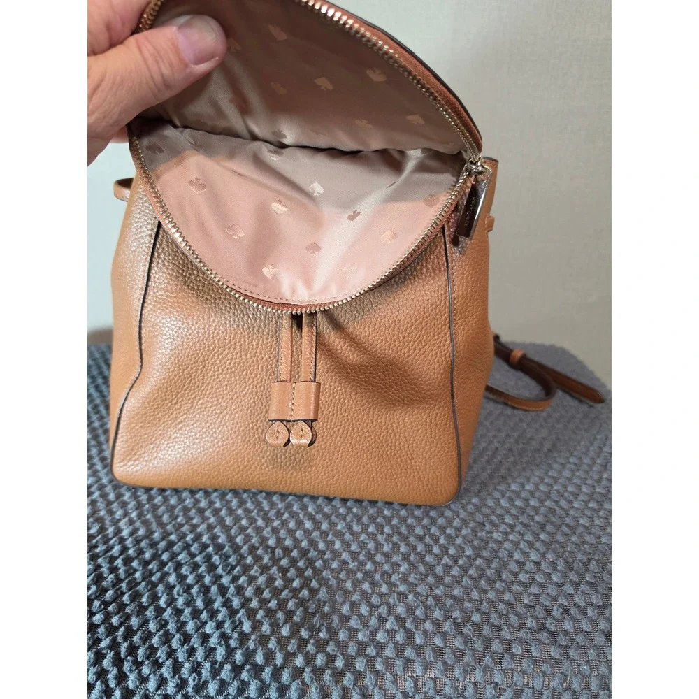 Kate Spade New York Pebbled Leather Backpack Ginger Tea Brown Drawstring Flap